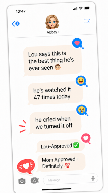 Text exchange: Lou approved this, mom approved, definitely 100